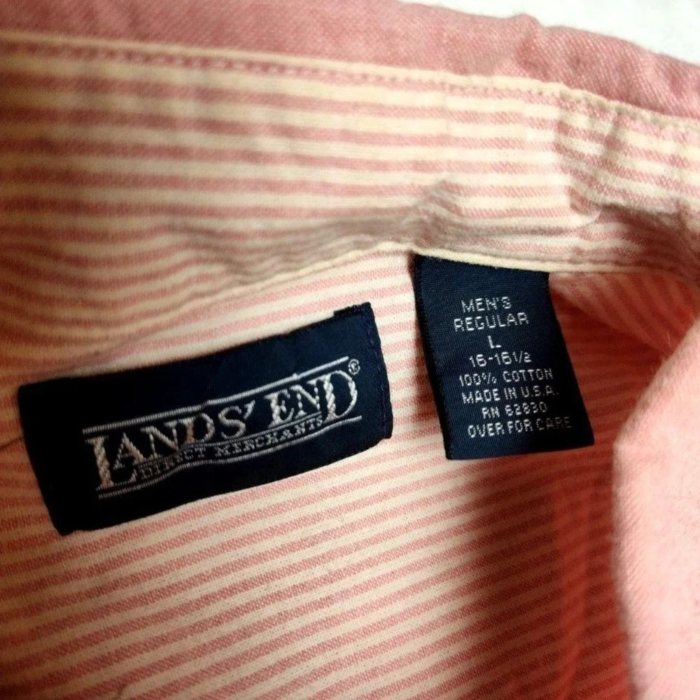 Lands' End Shirt Mens L Pink Oxford OCBD Button-Up Cotton Pockets Made In USA